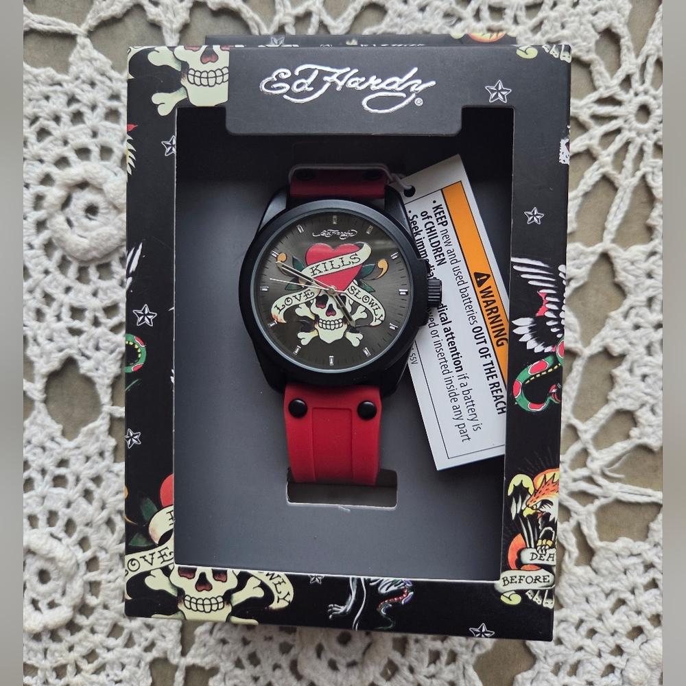 Ed Hardy Men’s Love Kills Slowly Skull Heart Watch Red Strap 46mm
